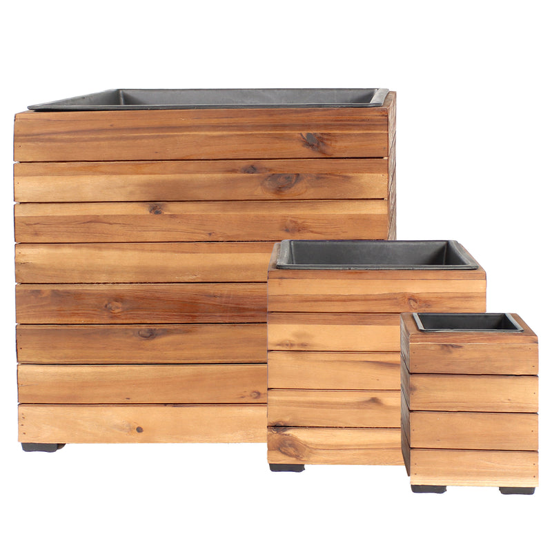 brown plastic planter box Sunnydaze Indoor/Outdoor Square Acacia Wood Planter Box with Plastic Liner - 3pk