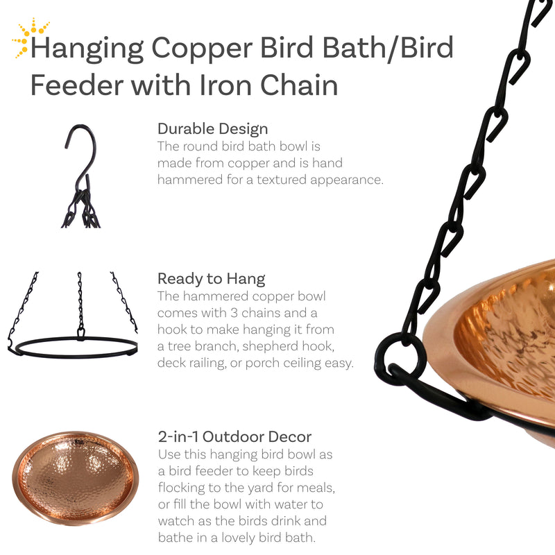 Sunnydaze Hand-Hammered Hanging Copper Bird Bath or Bird Feeder