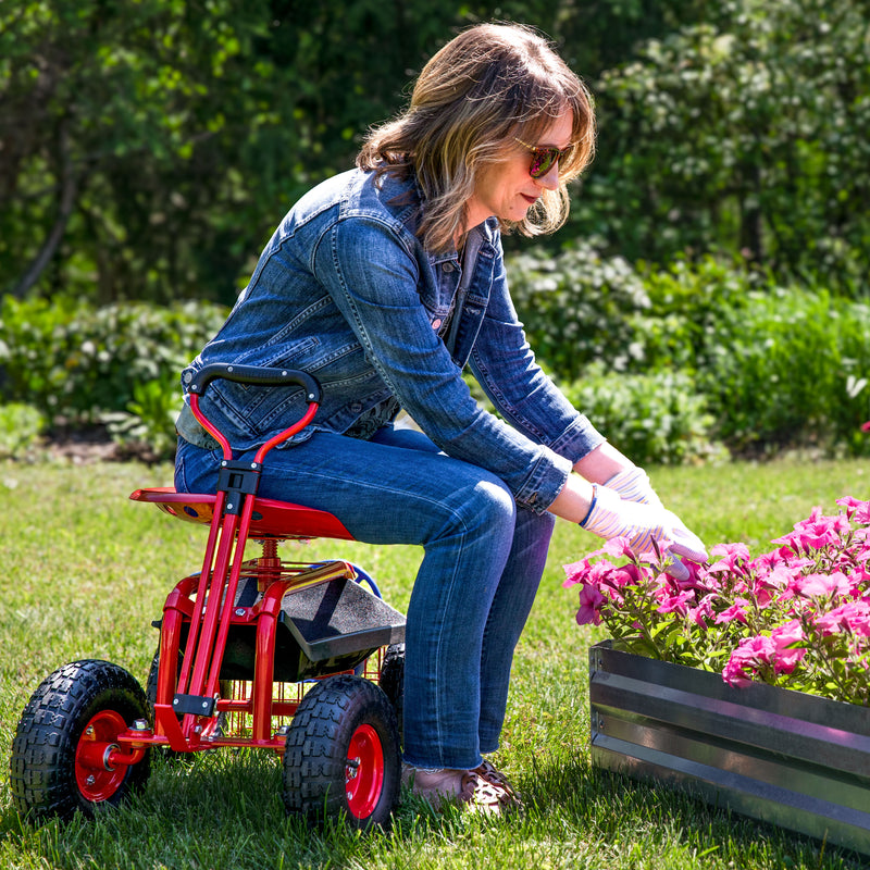 Sunnydaze Rolling Garden Cart with Steering Handle and Swivel Seat