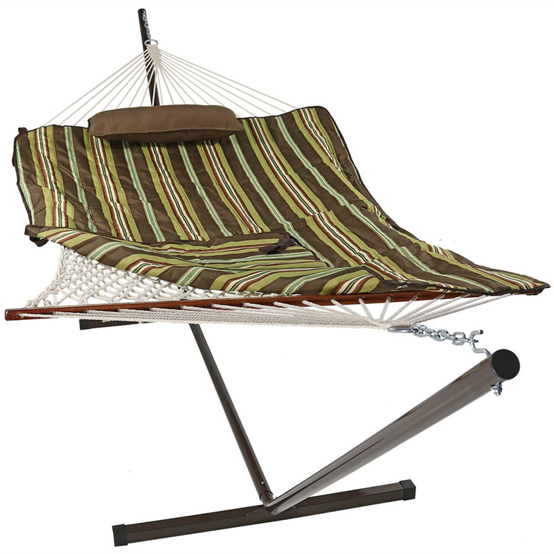 Sunnydaze Desert Stripe Cotton Rope Hammock with 12-Foot Steel Stand, Pad & Pillow - 275 Pound Capacity