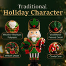 Traditional Christmas nutcracker decoration dressed in a red, green, and gold uniform, holding a festive wreath and candy cane while standing on a Merry Christmas base. Displayed beside a cozy brick fireplace with warm holiday lighting, highlighting its classic holiday charm and festive character.