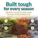 Infographic featuring a low, rounded dark brown faux rock cover in a landscaped garden transitioning through different seasons. Text highlights weather-resistant construction, including a crack- and fade-resistant shell, UV-resistant polyresin, rain and snow resistance, and durability in extreme heat and freeze-thaw conditions.