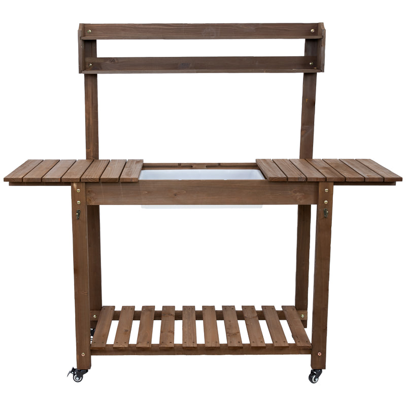 Sunnydaze Wheeled Outdoor Potting Bench with Sink - Fir Wood - Brown