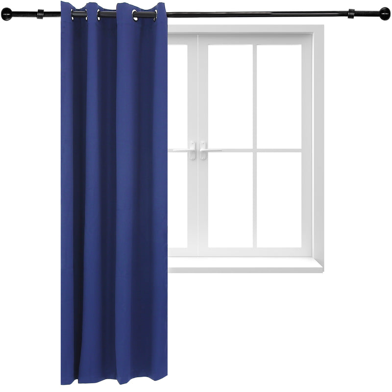 Single blue indoor/outdoor curtain panel hug from a black curtain rod in front of a white window.