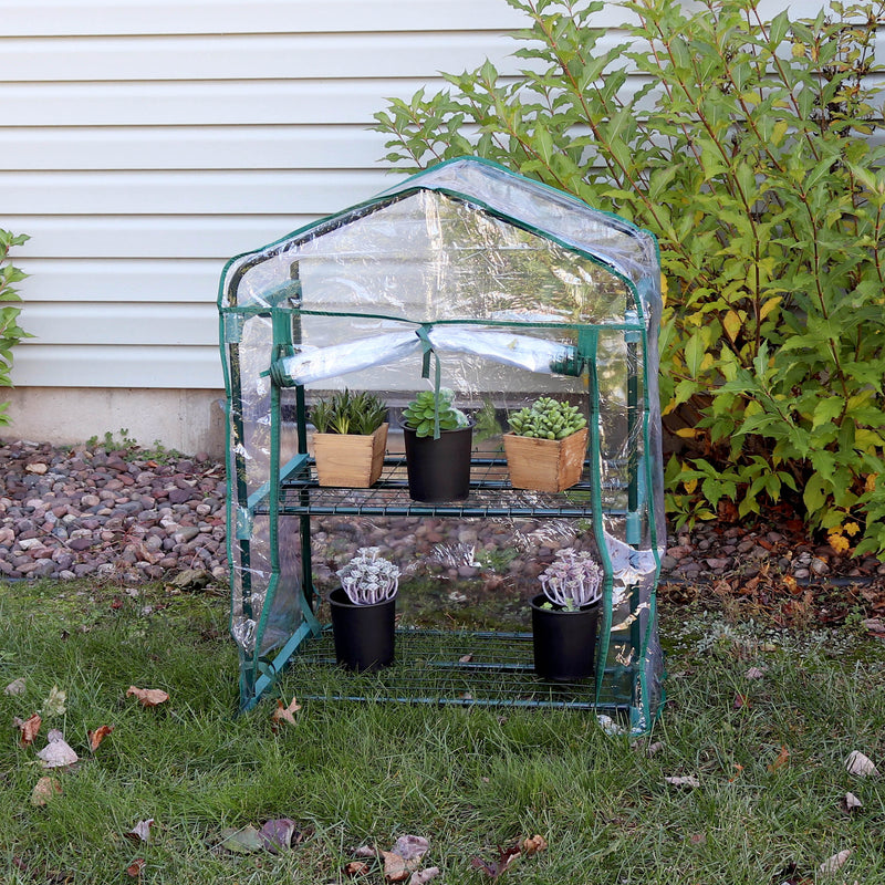 2 tier mini greenhouse with opened zipper door and clear cover