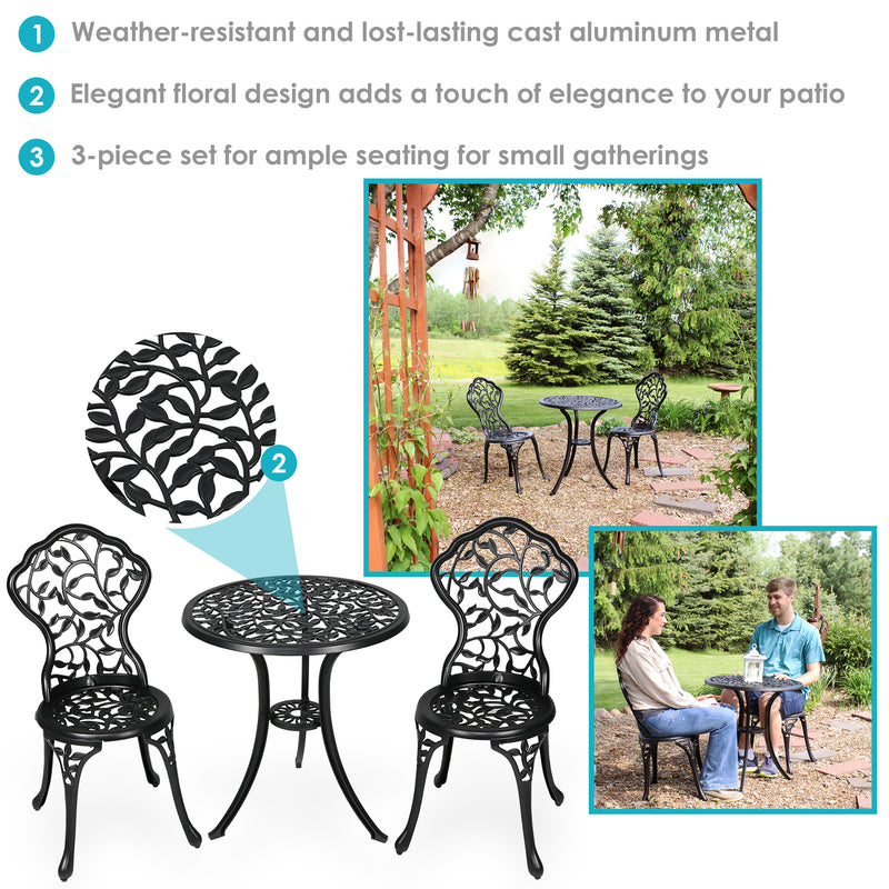 Sunnydaze 3-Piece Outdoor Cast Aluminum Patio Bistro Set - Black Vines