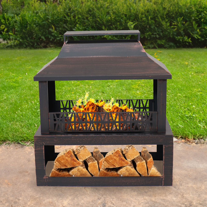 Sunnydaze Bronze Steel Outdoor Fireplace with Log Storage - 35" H