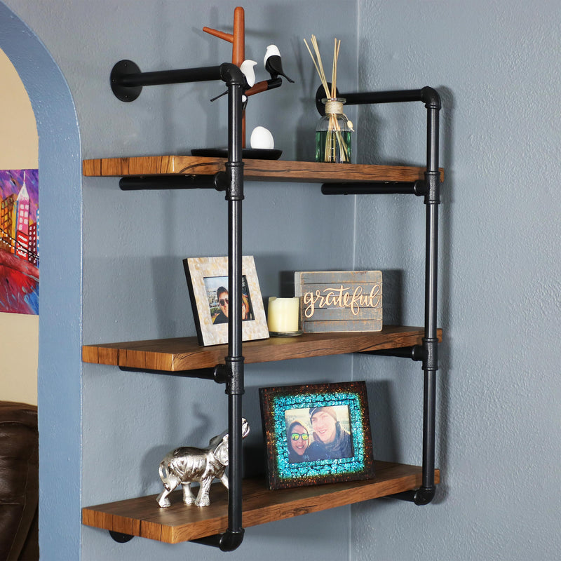 Sunnydaze 3-Tier Modern Wall Hanging Bookshelf - Industrial Style with Black Pipe Frame