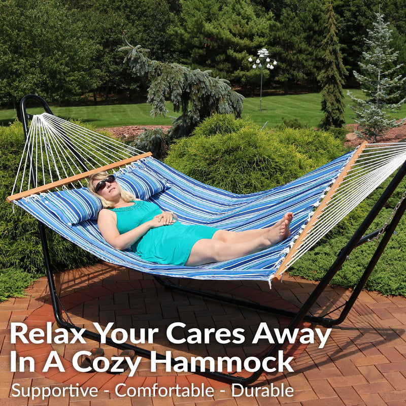 Sunnydaze 2-Person Fabric Spreader Bar Hammock and Pillow