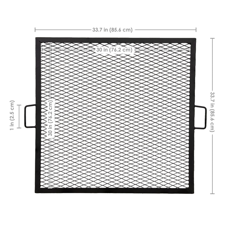 Square grilling grate with burger patties and hotdogs over a burning stone fire pit.