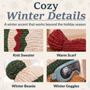 Infographic highlighting the winter dachshund’s knit sweater, warm scarf, winter beanie, and goggles.