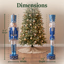 Dimensions diagram for the blue Kristoff Christmas Nutcracker showing a 37.5-inch height, 9-inch width, and 7.5-inch depth, displayed beside a decorated Christmas tree for scale.