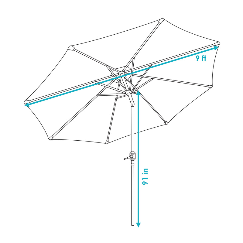 Dimension image for the Sunnydaze striped 9 foot patio umbrella.