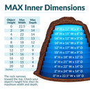 Infographic showing the maximum interior dimensions of a tall, tapered dark brown faux rock cover, with a cutaway view and blue measurement layers illustrating usable width and depth at heights from 0 to 20 inches. A sizing table explains how the rock narrows toward the top and helps customers determine proper fit by measuring their object's height, width, and depth.