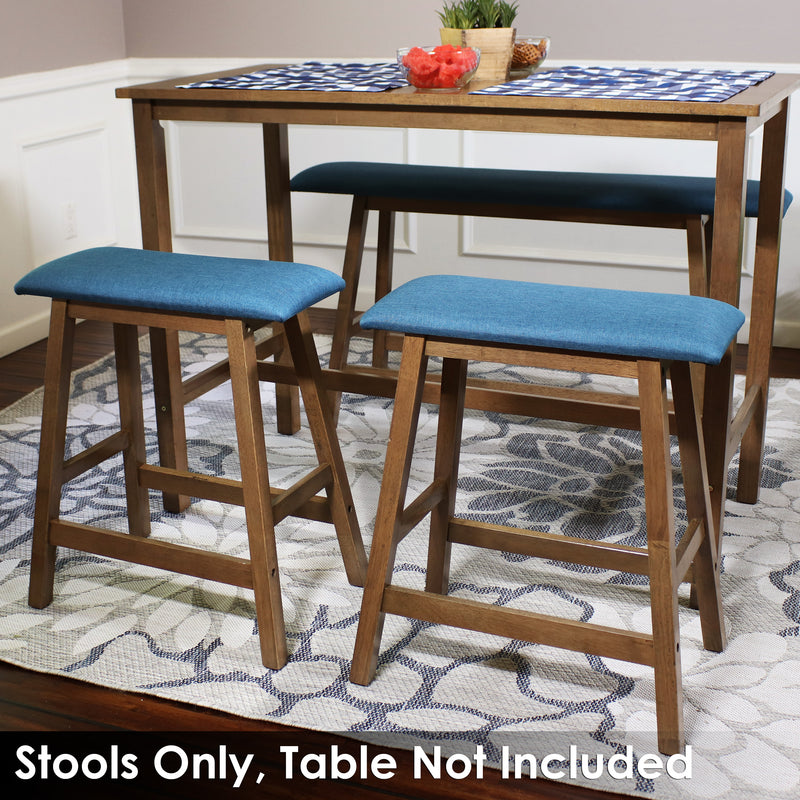 Sunnydaze Set of 2 Counter-Height Stools - Weathered Oak Finish with Blue Cushions