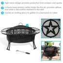 3 bullet points explaining the features of the fire pit, including two smaller images, one image shows the cut outs and one image is a lifestyle.