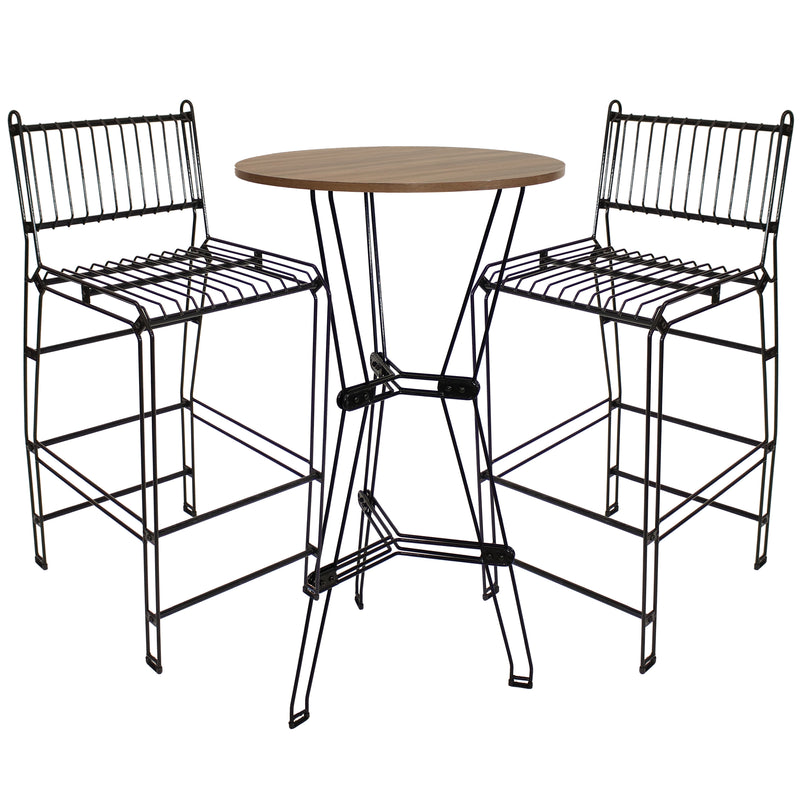 Sunnydaze 3-Piece Wire Bar Table and Chairs Set with Faux Woodgrain Top