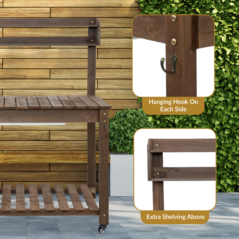 Sunnydaze Wheeled Outdoor Potting Bench with Sink - Fir Wood - Brown