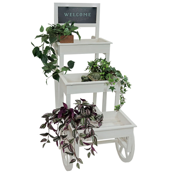 Sunnydaze 3-Tiered Flower Cart Display Stand with Wheels - White