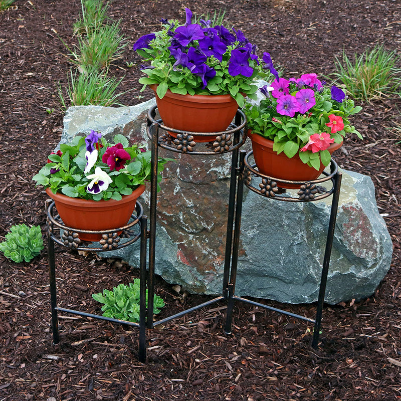folding plant hanger Sunnydaze 3-Tiered Folding Metal Indoor-Outdoor Plant Stand