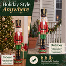Red and green Kristoff Christmas Nutcracker shown in indoor and covered outdoor holiday settings. Lightweight 6.6-pound design is easy to move and reposition for seasonal displays.