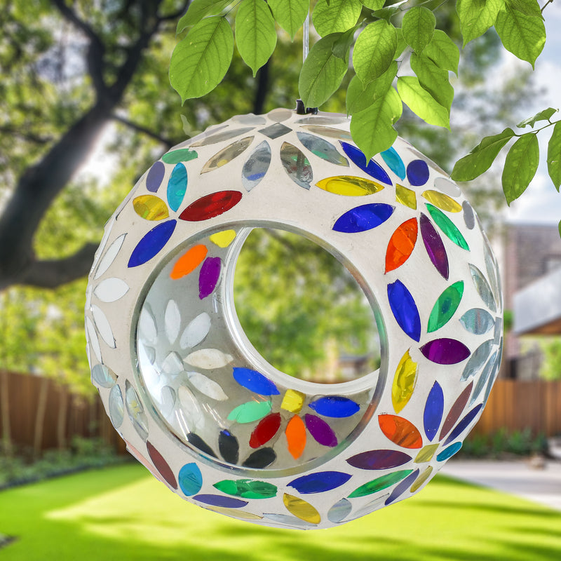 Sunnydaze Round Mosaic Glass Hanging Bird Feeder - 6"