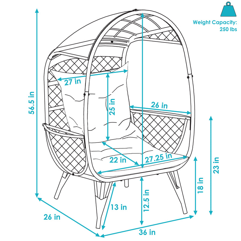 Dimension image for the comfort wicker outdoor egg chair.