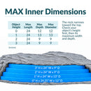 Infographic showing the maximum interior dimensions of a flat gray faux rock cover, with a cutaway view and blue measurement layers illustrating usable dimensions at heights from 0 to 3 inches. A sizing table lists maximum length, depth, and diameter, with guidance to measure the object's height first, then its width and depth to ensure proper fit.