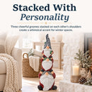 “Stacked With Personality” infographic featuring a three-tiered Christmas gnome statue displayed in a cozy winter living room.