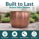 Copper Embossed Panel Hose Pot highlighting durable steel construction with rust- and UV-resistant properties, plus a lightweight 6.2-pound design for easy repositioning.