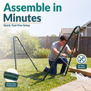 Green metal hammock stand shown being assembled outdoors. Tool-free setup features spring-snap connections for quick and easy assembly.