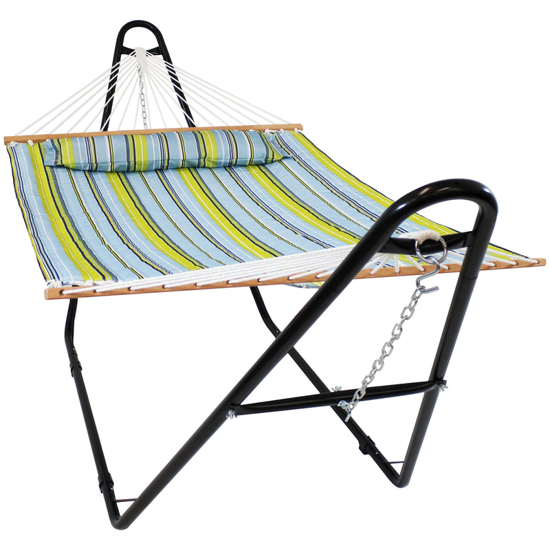 Sunnydaze Quilted Double Fabric 2-Person Hammock with Multi-Use Universal Steel Stand - Blue & Green - 450 Pound Capacity