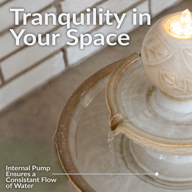 Sunnydaze Gentle Glow 2-Tier Ceramic Outdoor Fountain with LED Lights