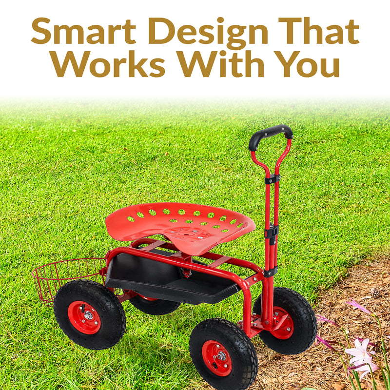 Sunnydaze Rolling Garden Cart with Swivel Seat, Handle, and Basket