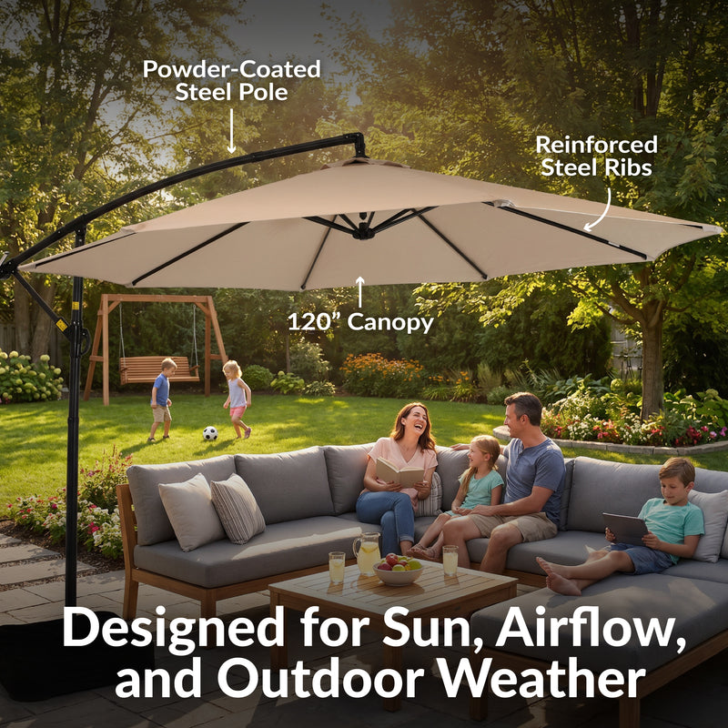 Sunnydaze 10 ft Offset Patio Umbrella with Base and Sandbag Weight