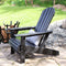 Single, black Adirondack chair with gray, geometric lumbar pillow.