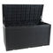 Black faux rattan deck storage box with lid open.