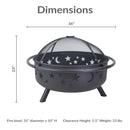 Dimensions graphic for the black Cosmic Fire Pit showing a 36-inch overall width, 23-inch height, 31-inch diameter by 10-inch-high fire bowl, 5.5-inch ground clearance, and 23-pound weight.