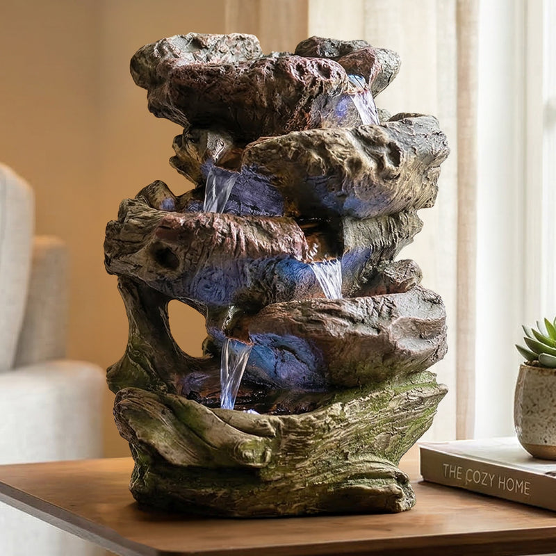waterfall indoor plants Sunnydaze 14 in. 5-Step Rock Falls Tabletop Fountain with LED Lights