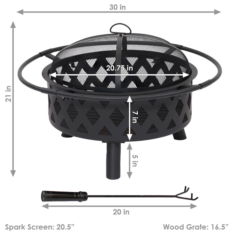 Sunnydaze Black Crossweave Wood Fire Pit with Cover, Spark Screen, Grate, and Poker