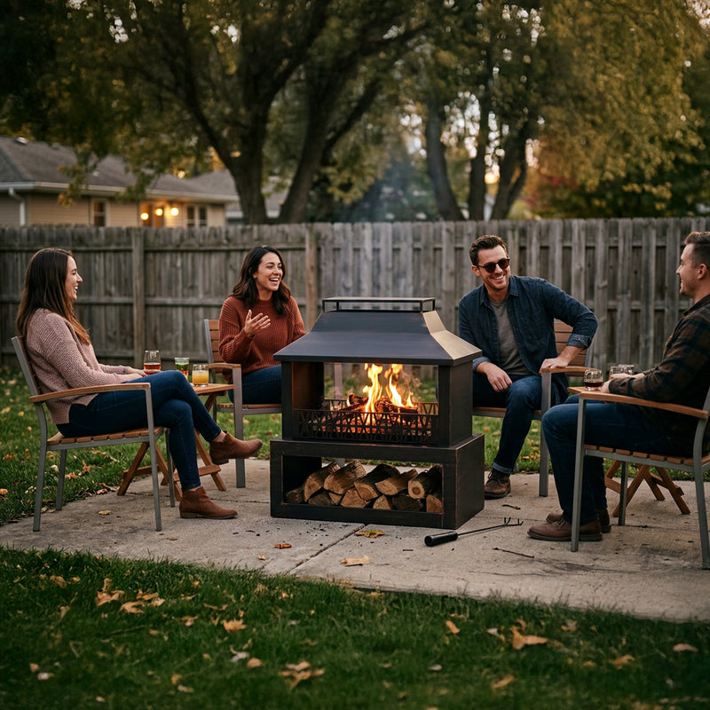 Sunnydaze Bronze Steel Outdoor Fireplace with Log Storage - 35