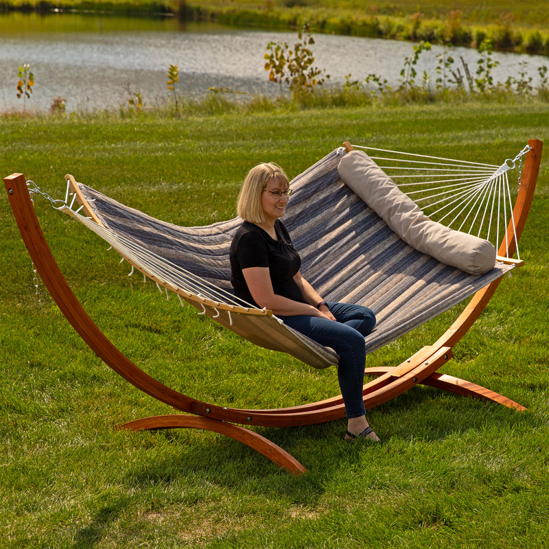 Sunnydaze Quilted Hammock with Curved Bamboo Spreader Bar and Pillow