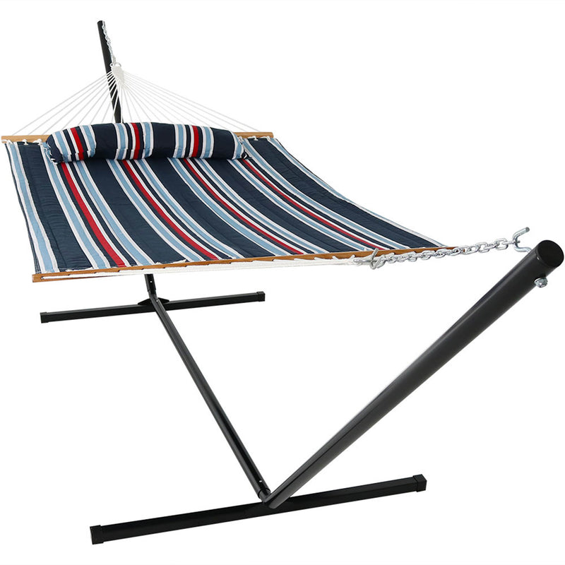 Sunnydaze 2-Person Freestanding Quilted Fabric Hammock with Stand - 12 or 15 Foot Stand Option - Nautical Stripe