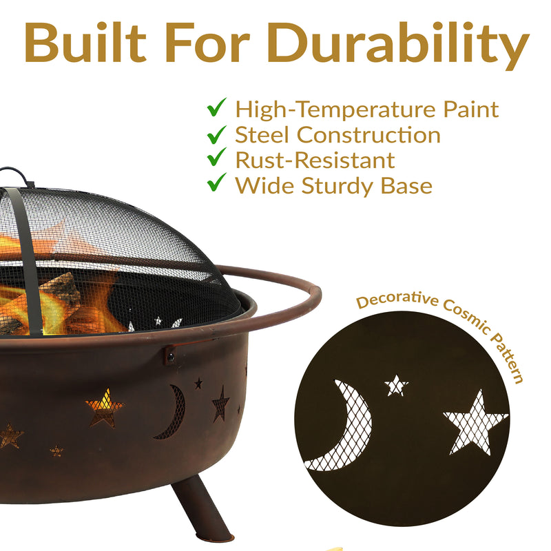Sunnydaze 42" Large Cosmic Fire Pit with Moon and Stars Design