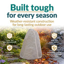 Light gray faux rock utility cover displayed in a landscaped garden across changing seasons. Text highlights weather-resistant construction, including a crack- and fade-resistant shell, UV-resistant polyresin, rain and snow resistance, and durability in extreme heat and freeze-thaw conditions.