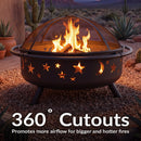 Bronze Cosmic Fire Pit shown with burning logs in a desert patio setting, highlighting the 360-degree star and moon cutouts that promote airflow for bigger, hotter fires.