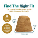 Flat-Top Artificial Garden Rock + Stakes dimension diagram showing the artificial boulder measuring 12.5 inches wide by 8.5 inches deep by 11 inches high and weighing 1.6 pounds. The included stakes each measure 1 inch wide by 12 inches high.