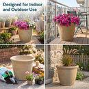 Sunnydaze 15.25-Inch Anjelica Large Plastic Pot for Plants - Outdoor Double-Walled Large Plastic Planter with Drillable Drainage Holes - Beige. Designed for indoor and outdoor use, showing a range of imagery of the planter in different settings.