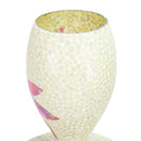 Close-up of the Mosaic Bloom Glass Bird Bath in rainbow, showing the open top of the pedestal with a light circular mosaic pattern and colorful floral accents.