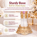 Sturdy base infographic featuring the ornate gold base and white boots of a pink, white, and gold Christmas nutcracker, with callouts highlighting a wide base, secure design, and stability.